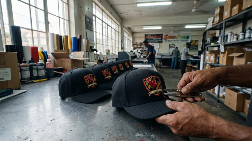 Hands lining up black caps with a stitched red and gold football crest