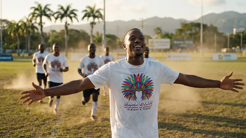 Footballers celebrating on a dusty pitch in matching white printed tees