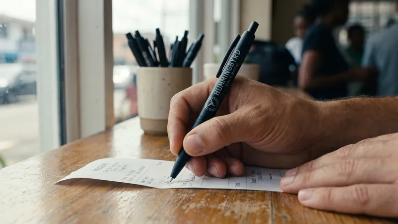 A hand signing a receipt with a black branded pen