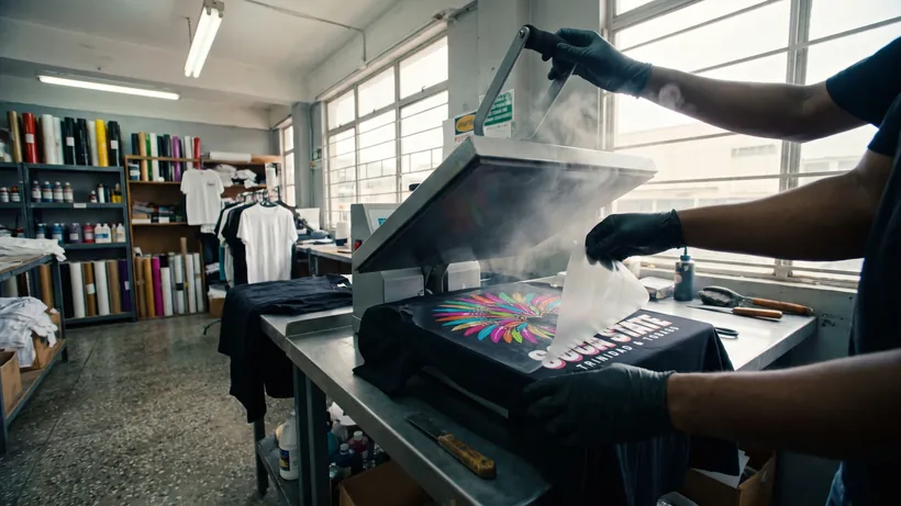 Hands lifting a heat press to reveal a full-colour DTF print on a black tee